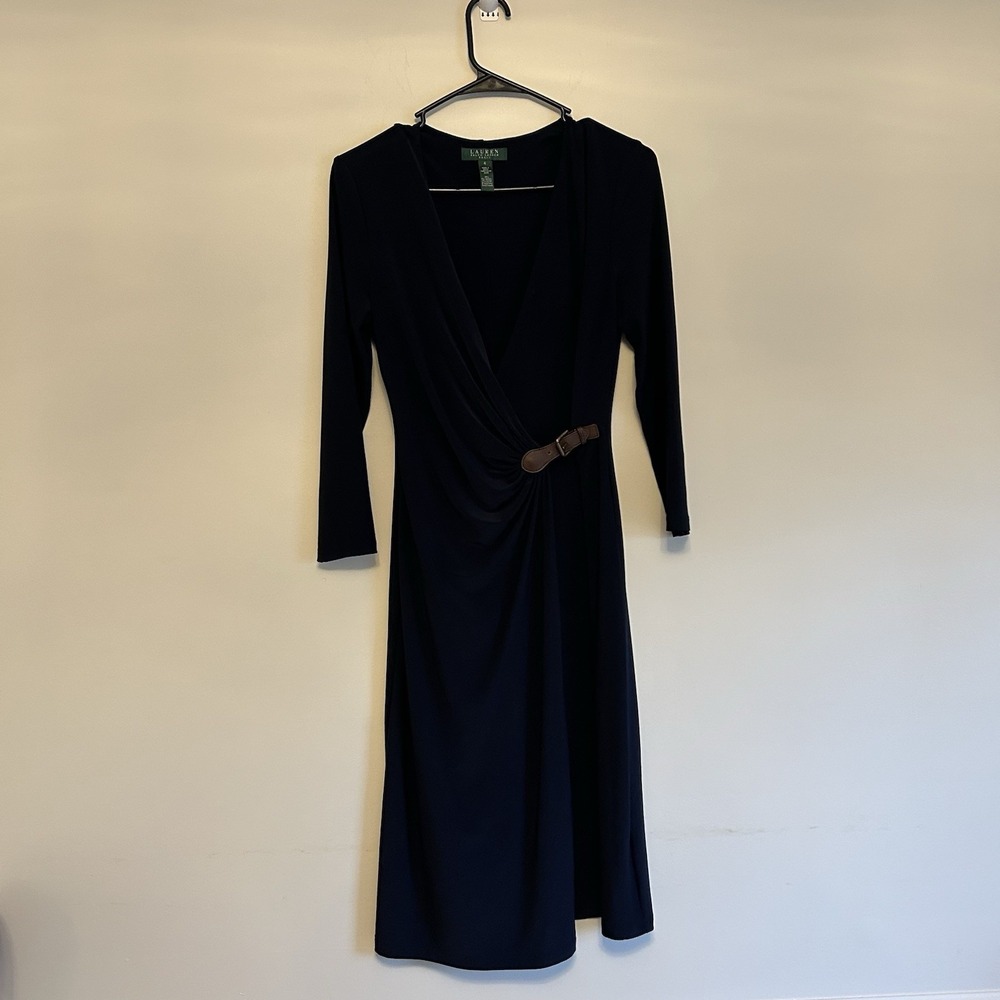 Lauren Ralph Lauren Navy Blue Wrap Dress Size 4 Brown Buckle Flattering Ruching